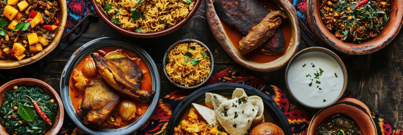 A spread of traditional African dishes in clay and enamel bowls — grilled and stewed meat, spiced rice, greens and sauces.