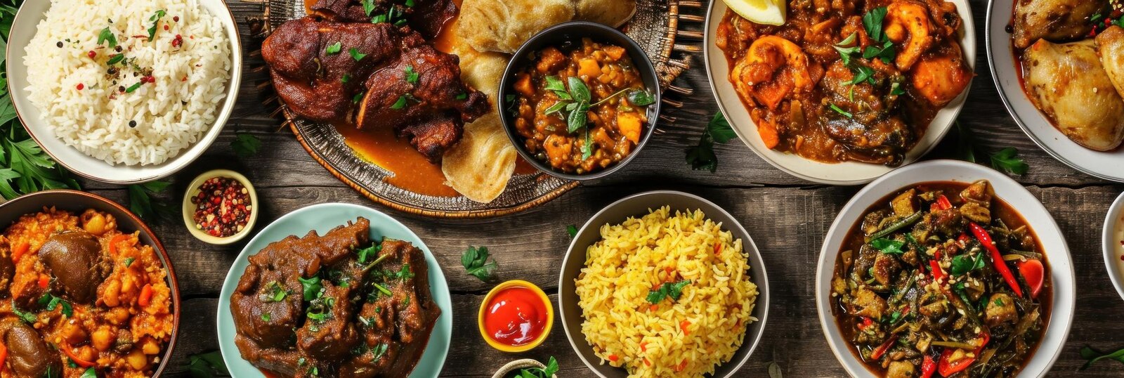 Bowls of rice, slow-cooked meat, vegetables and relish arranged together on a wooden table.