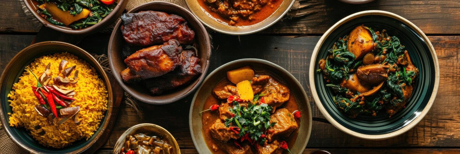 Grilled and braised meat, yellow rice, spinach and potato dishes set out in bowls on a rustic wooden table.