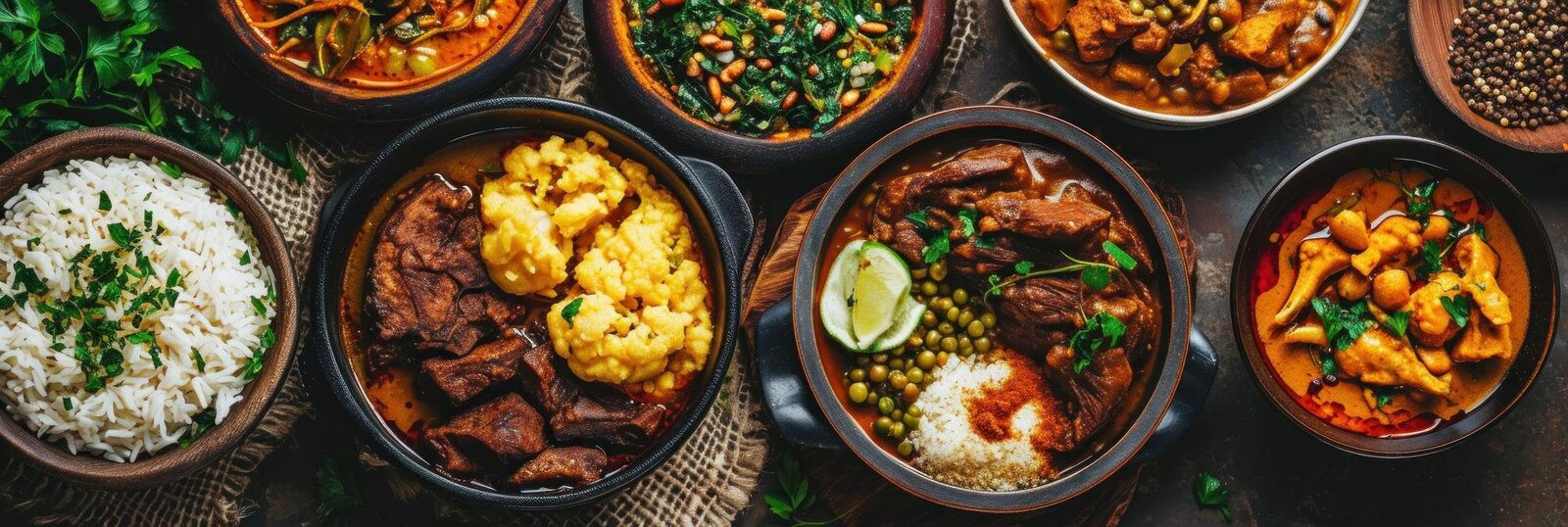 An assortment of traditional African dishes — stews, greens, rice and curries — laid out in bowls on a dark table.
